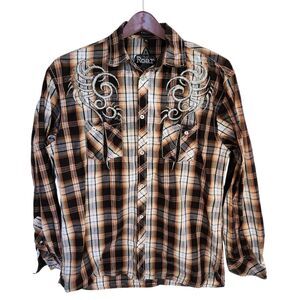 Roar Men's XL Shirt Plaid Embroidered Strength Refined "Attribute" Brown Orange